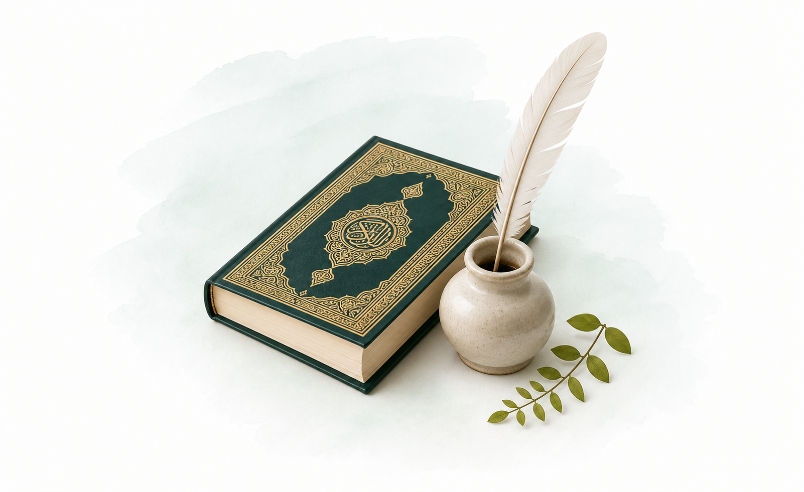 An ornate Qur’an beside an ink pot, feather quill, and leafy sprig