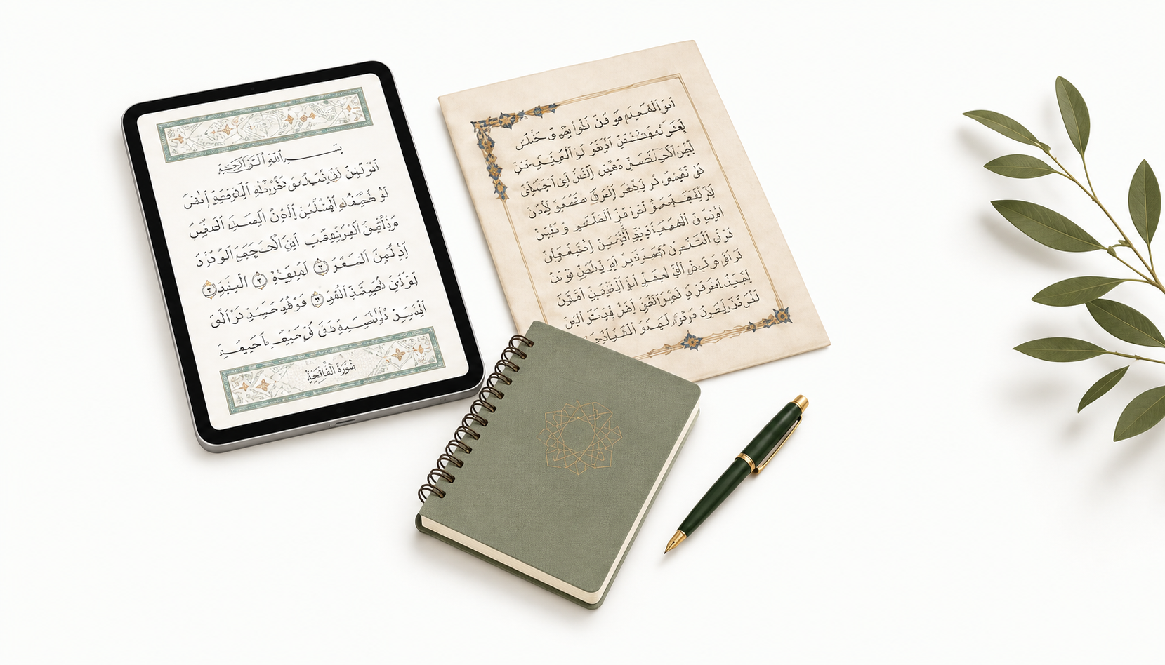 Qur’an manuscripts, a tablet, study notebook, fountain pen, and olive branch